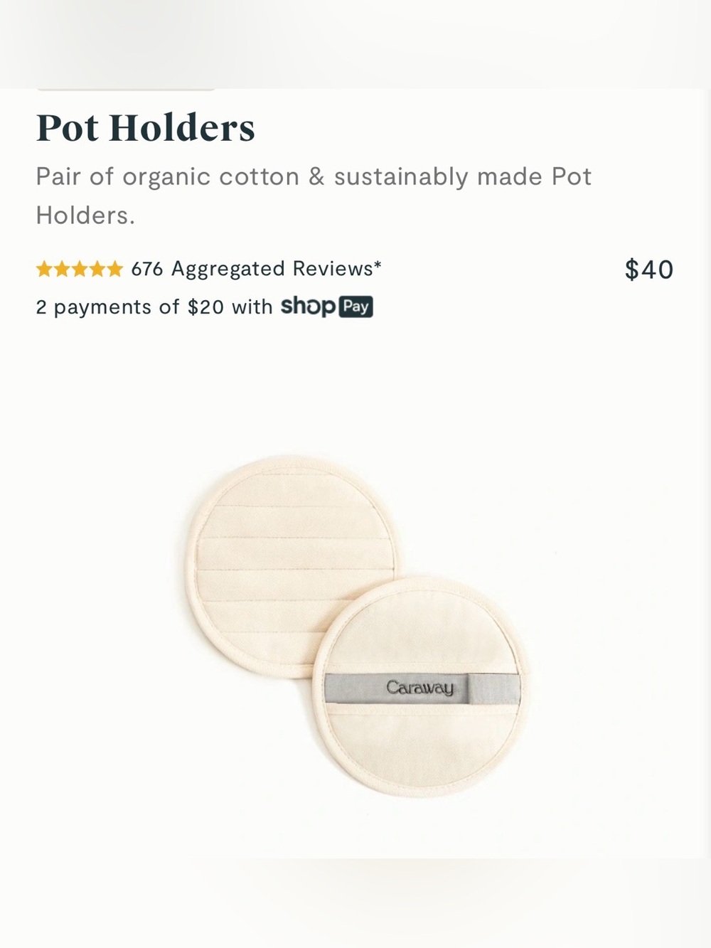 👩‍🍳 NWOT ‘Caraway’ Organic Cotton Pot Holders (Pair) - Cream